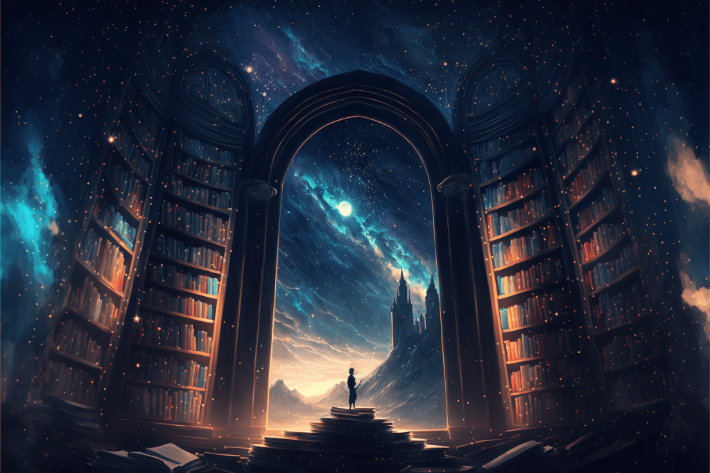 Estanterías de libros que se proyectan hasta el infinito