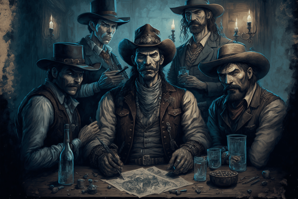 Un grupo de forajidos masculinos con piel pálida y aspecto cadavérico, labios azules y ojos que parecen muertos, te miran fijamente. Están sentados en una mesa llena de whiskey, cerveza y una baraja de cartas.