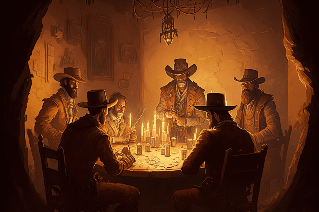 Un grupo de forajidos se encuentran en una gruta con paredes de piedra marrón. Están sentados alrededor de una mesa con mapas, vasos y botellas de whiskey. La habitación está iluminada por antorchas y hay numerosas cajas de contrabando en el lugar