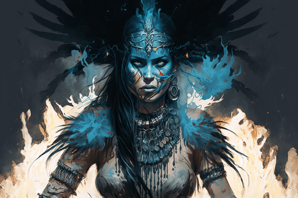 Una mujer nativa americana pálida, con el cuerpo tatuado y una corona de plumas y huesos de pájaro oscuros en la cabeza, danza alrededor de llamas azules mientras realiza una oscura ceremonia necromántica. Sus ojos son malvados y sus gestos impíos