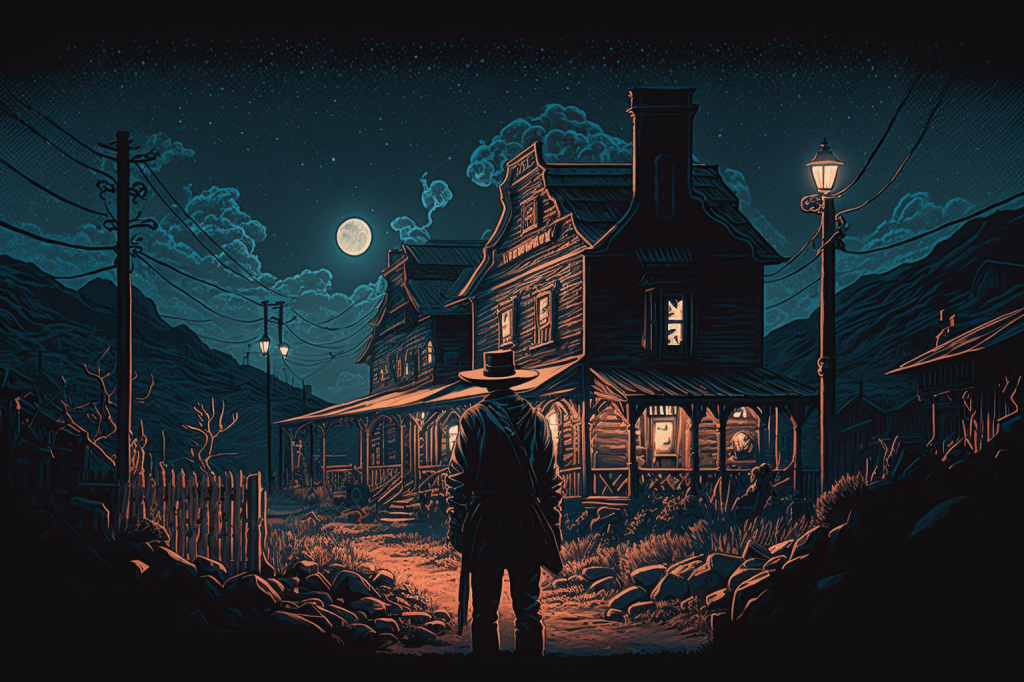 Adéntrate en un pueblo sombrío y oscuro del salvaje oeste, iluminado por la luz de la noche. Cada detalle ha sido perfeccionado en esta obra de arte digital, en el estilo de los posters del spaghetti western. Con una ilustración detallada, este paisaje del lejano oeste te llevará a través de una experiencia inolvidable, adentrándote en la atmósfera de un mundo olvidado en el tiempo.