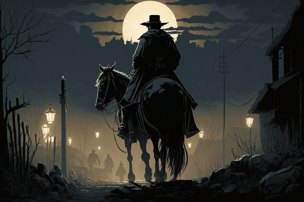 La silueta de un hombre con un sombrero de vaquero mira hacia el horizonte en un pueblo oscuro y sombrío del Lejano Oeste. La niebla cubre los lugares lejanos y extraños y exóticos ritos tienen lugar en la distancia bajo la luz nocturna